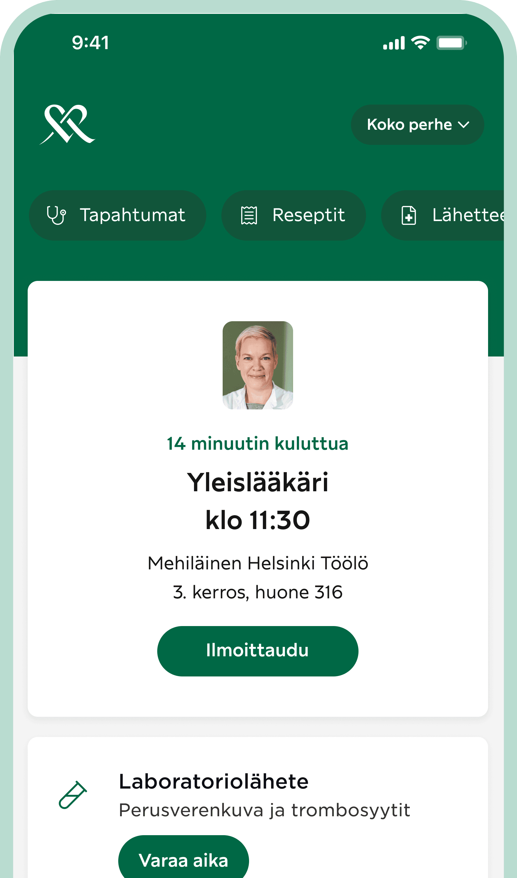 Kuvakaappaus OmaMehiläinen-sovelluksen näkymästä puhelimen ruudulla.