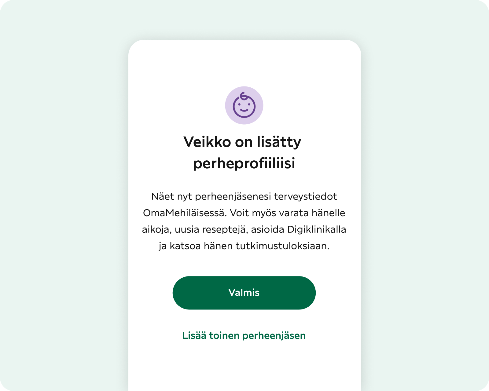 Kuvakaappaus perheenjäsenen lisäämisestä perhesivulle