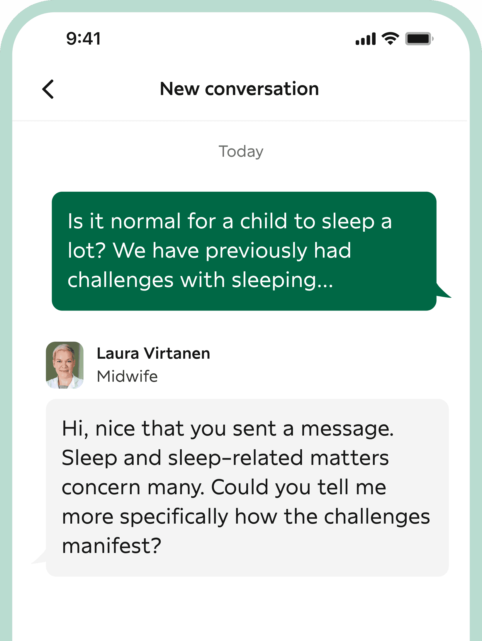 Screenshot from the phone screen from Digital child health clinics discussion with the midwife