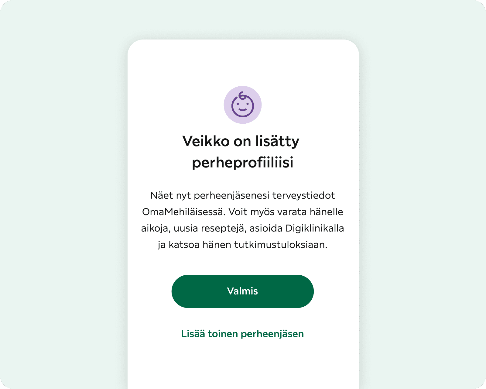 Kuvakaappaus perheenjäsenen lisäämisestä perhesivulle