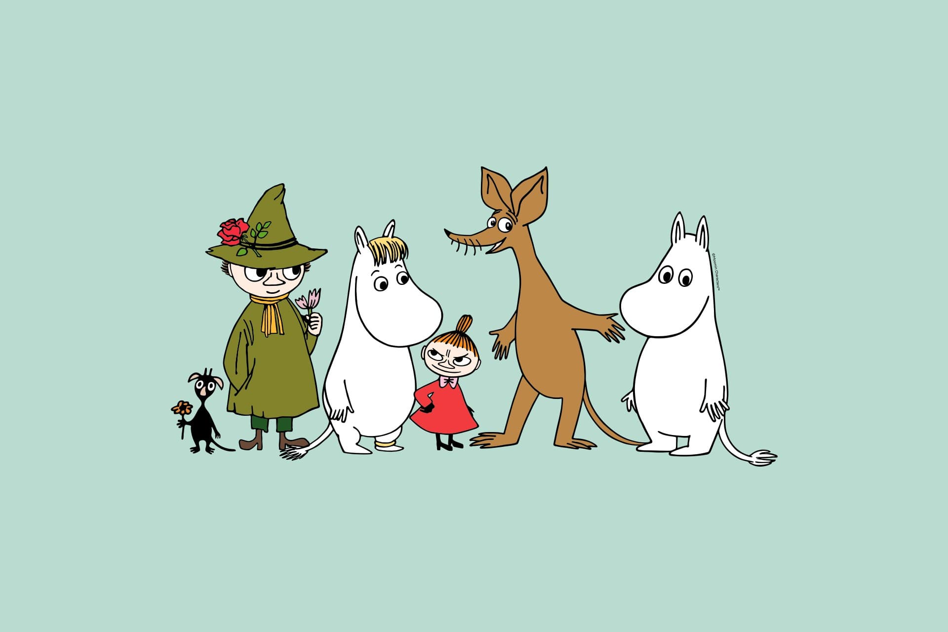 Muumilaakson hahmoja rivissä. Kuvassa on vasemmalta oikealle pieni musta otus, Nuuskamuikkunen, Niiskuneiti, Pikku Myy, Nipsu ja Muumipeikko.