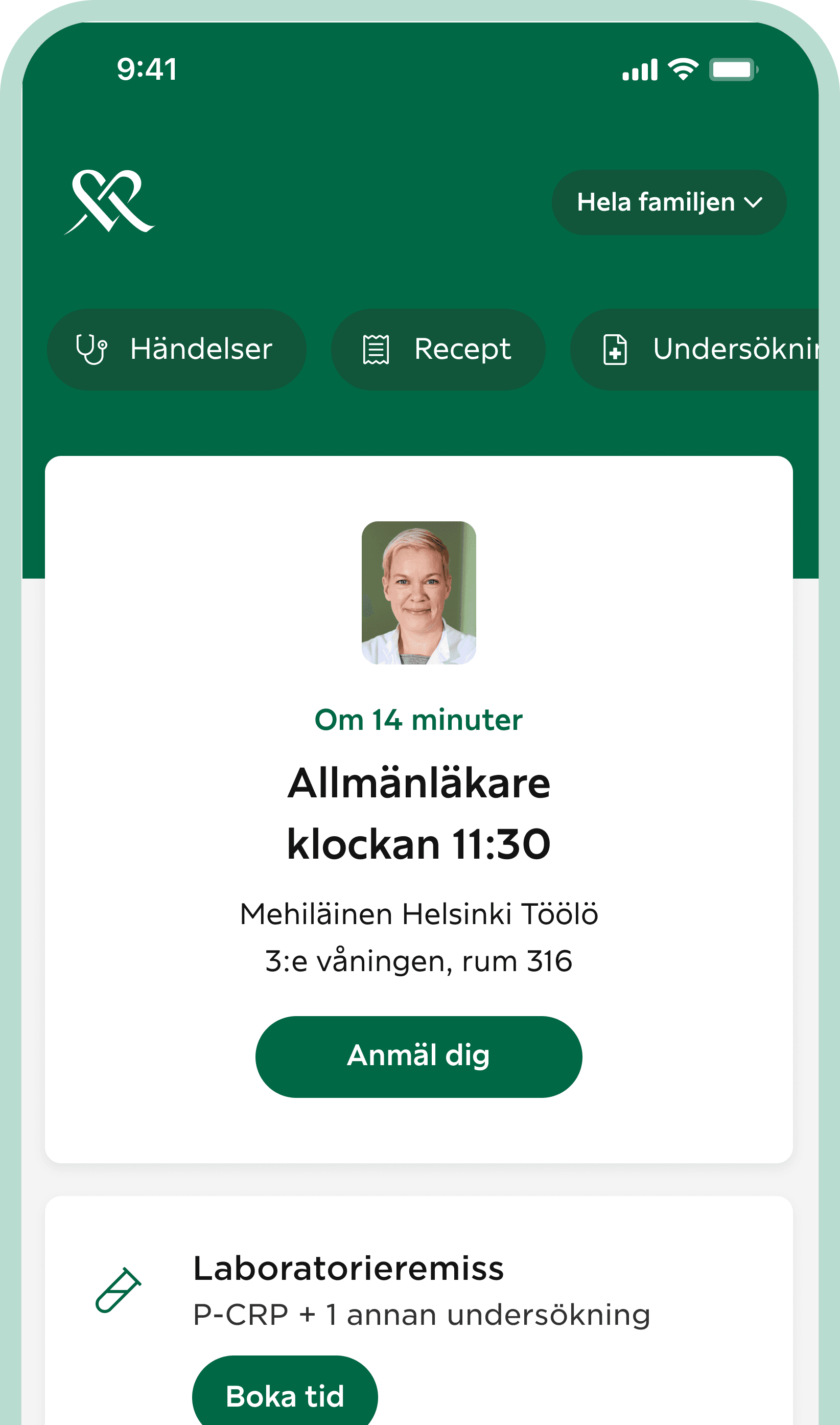 Kuvakaappaus OmaMehiläinen-sovelluksen näkymästä puhelimen ruudulla.