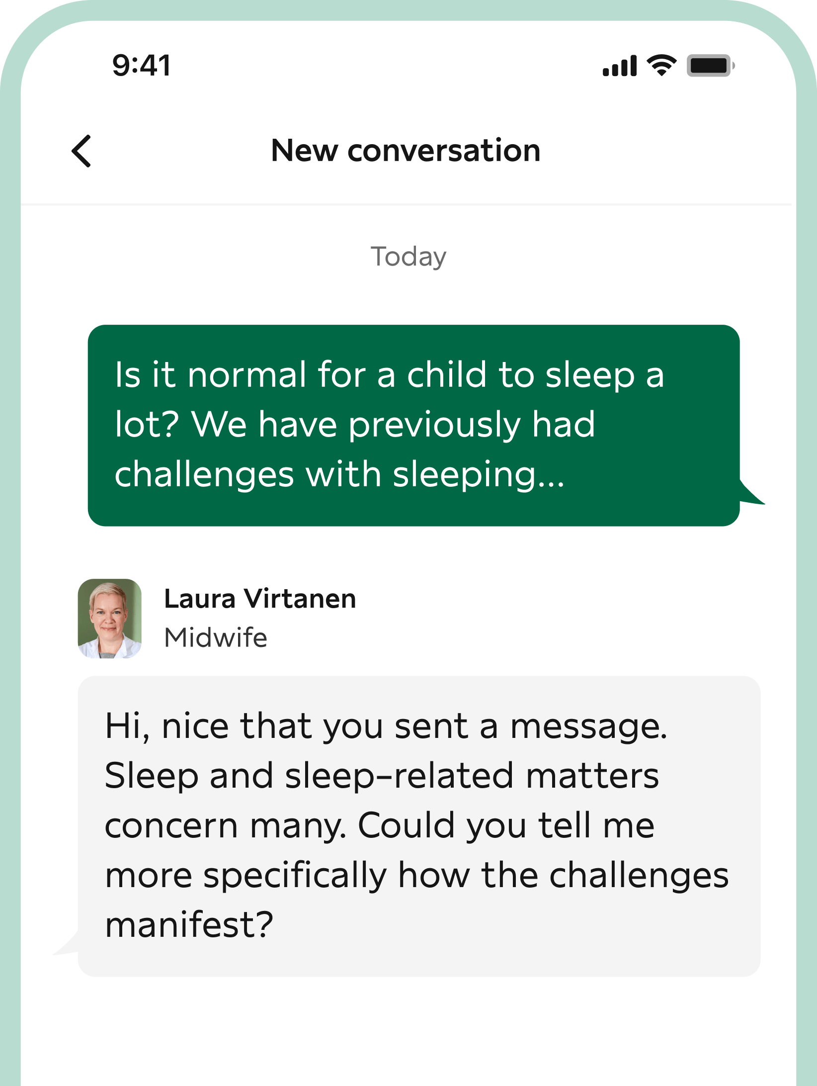 Screenshot from the phone screen from Digital child health clinics discussion with the midwife