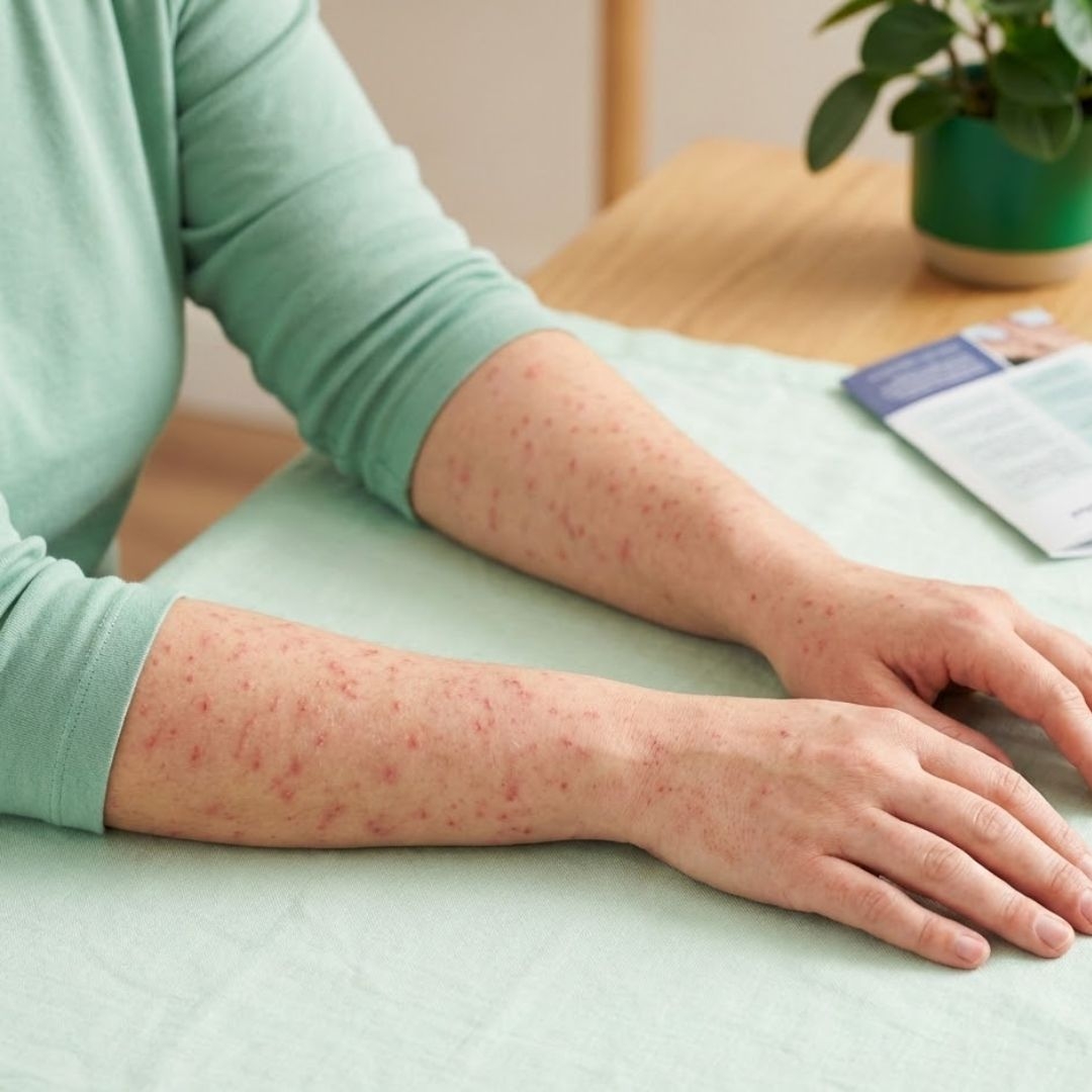 Symptoms of scabies – reddish, itchy bumps and scratching marks on the arms and hands of an adult. Image generated by AI