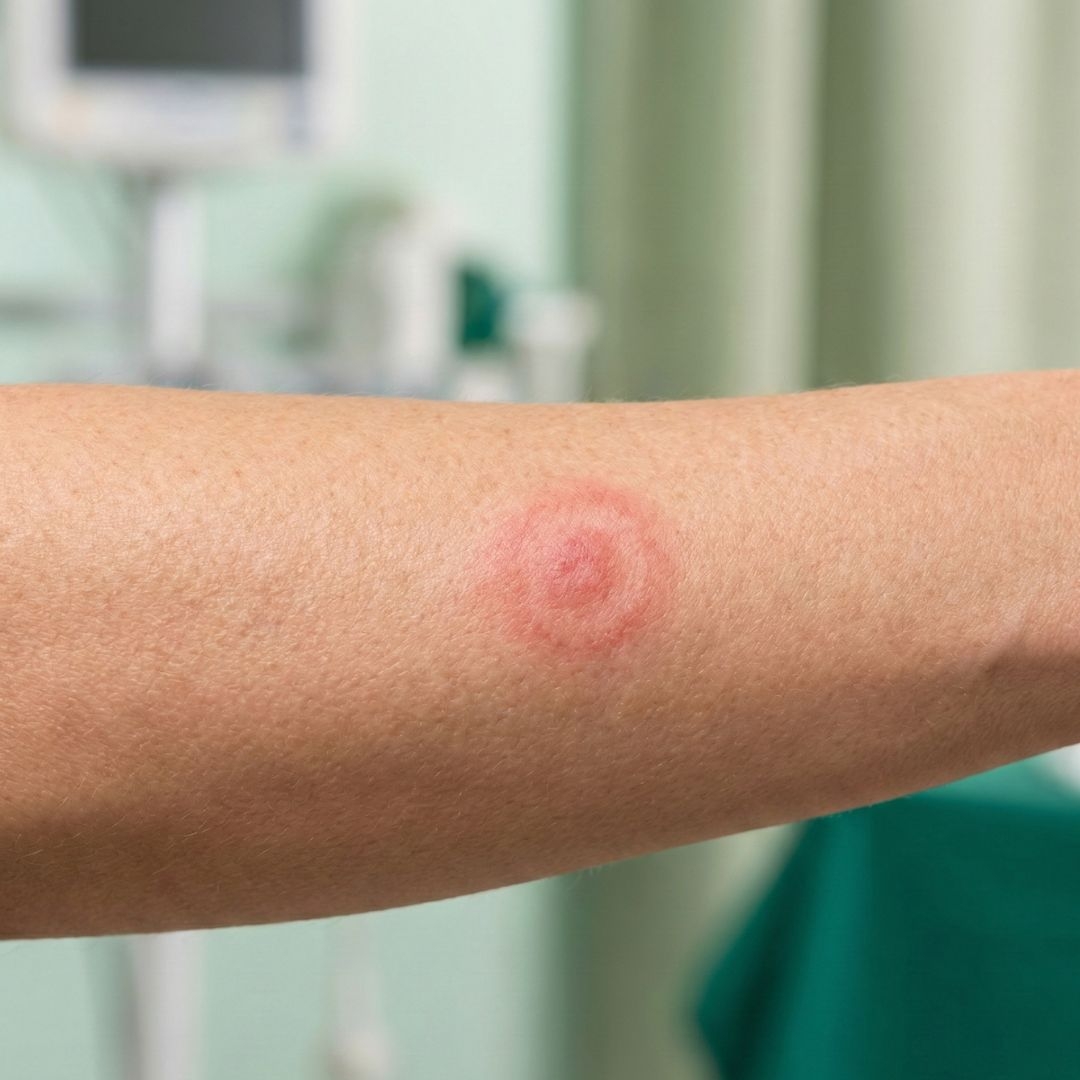 Lyme disease symptoms – Close-up of a forearm with a round, red ring-shaped skin mark with a paler center; surrounding skin appears even. Image generated by AI