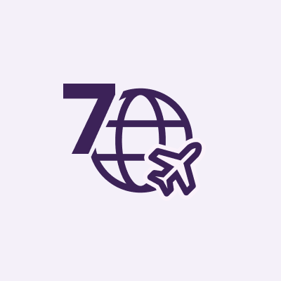 Ikoni maapallosta jonka vasemmassa yläkulmassa numero seitsemän ja oikealla alakulmassa lentokone.