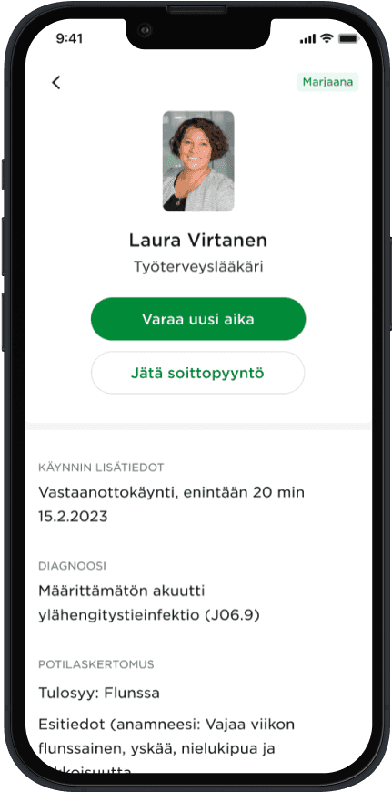 Picture of the OmaMehiläinen app, appointment booking